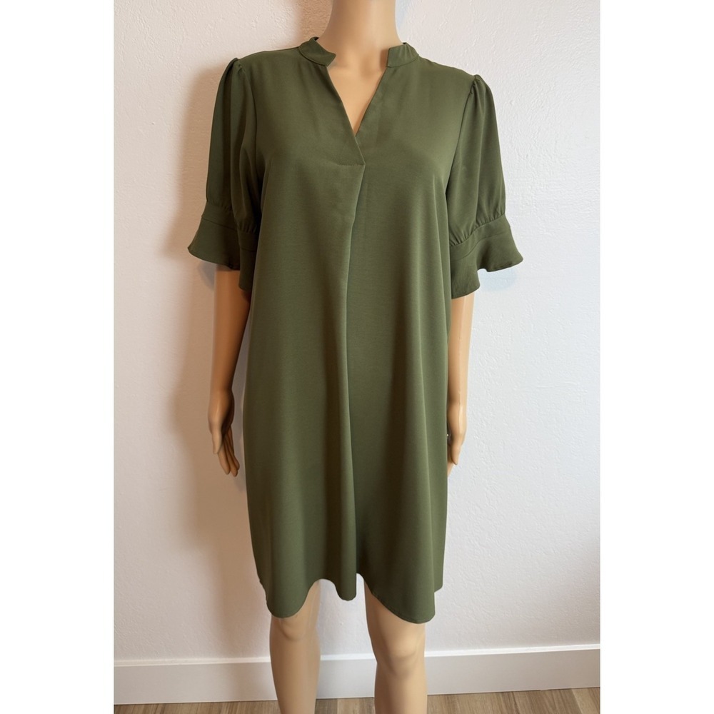 Olive Green Shift Dress Womens Split Neck Ruffle Puff Sleeve Knee Length Size L